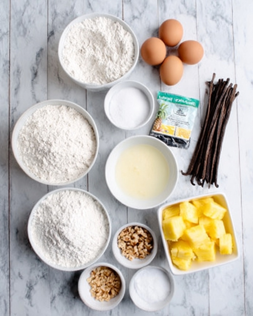 The image shows various baking ingredients arranged neatly on a white marbled surface. There are two white bowls filled with flour and sugar, three brown eggs lying close together, a small packet of black-colored baking powder, a diced pineapple container with bright yellow fruit visible, a small white bowl with white batter or cream, a few brown vanilla sticks bundled together, a small pile of chopped nuts on the flour bowl, and two small white bowls with salt and another white powder. A woman's hand is slightly visible at the bottom left corner, gently touching the vanilla sticks. Photo taken with an iphone --ar 4:5 --v 7