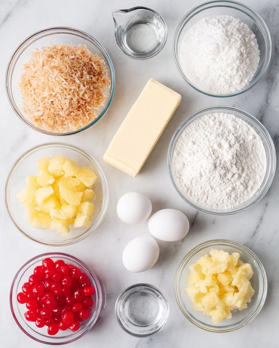 The image shows an overhead view of various baking ingredients neatly arranged on a white marbled surface. There are clear glass bowls filled with light brown shredded coconut, bright red maraschino cherries, white granulated sugar, and diced yellow pineapple. A stick of pale yellow butter is placed horizontally near the center, surrounded by three white eggs and a small metal measuring cup filled with white flour. Small glass containers hold salt and clear liquids, likely water or vanilla extract. The overall setup is clean and organized, with a bright, natural light highlighting the textures and colors of each ingredient photo taken with an iphone --ar 4:5 --v 7
