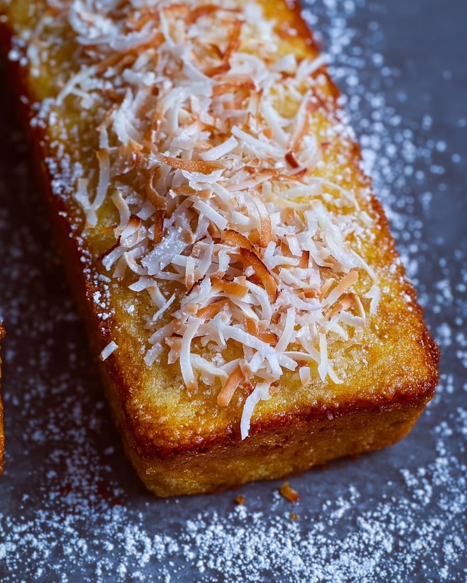 The image shows a rectangular golden brown cake with a slightly raised and soft texture. On top, there is a layer of shredded toasted coconut with a mix of light brown and white strands, sprinkled evenly across the surface. A fine dusting of white powdered sugar is scattered on the cake top and the surrounding dark background, creating a gentle contrast. The cake edges are rounded and slightly darker in color, indicating a baked crust. The photo is taken up close, focusing on the detailed toppings and texture of the cake, with a white marbled background barely visible at the edges. photo taken with an iphone --ar 4:5 --v 7