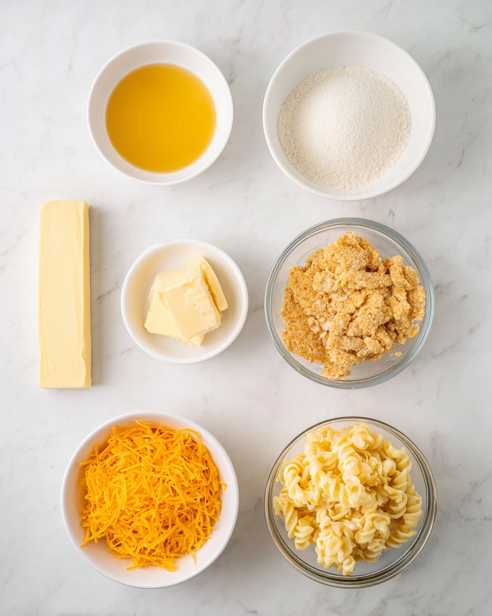 The image shows six white bowls and a stick of butter arranged neatly on a white marbled surface. At the top left bowl there is a clear golden yellow liquid, and next to it on the right a bowl filled with fine white granulated sugar. Below that to the left is a small white bowl filled with light beige flour, and on its right a clear glass bowl with golden crushed crackers. At the bottom there are two larger white bowls: one with a pile of shredded bright orange cheddar cheese to the left and the other with a serving of light yellow macaroni salad with visible pasta pieces on the right. The butter stick is placed vertically on the far left side. Photo taken with an iphone --ar 4:5 --v 7