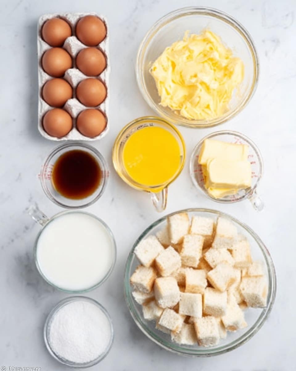 The image shows ingredients for baking arranged neatly on a white marbled surface. There is a clear glass bowl at the bottom filled with small cubes of white bread. Above it on the right, a clear glass bowl contains a yellow mixture that looks like softened butter. Next to the bowl of butter is a glass measuring cup with a bright yellow liquid, likely melted butter or oil. To the left of that is a small clear bowl with a dark brown liquid, possibly vanilla extract. Above that is a tall clear glass filled with white milk. On the far left, a small white carton holds four brown eggs. At the very bottom left, there is a small bowl filled with white granulated sugar. Everything is placed on a white marbled surface, bright and clean. photo taken with an iphone --ar 4:5 --v 7