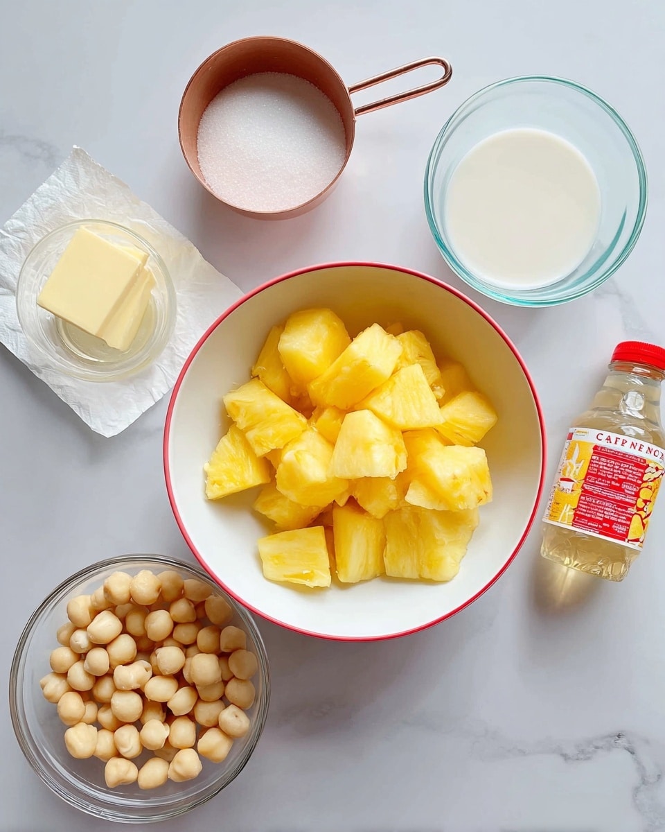 A white bowl with a red rim holds bright yellow pineapple chunks, positioned centrally on a white marbled surface. To the left, there's a small pile of butter on a white wrapper, alongside a glass with a pale yellow liquid inside. Above the bowl, a copper measuring cup filled with granulated white sugar sits next to a clear container holding a white liquid, likely milk. To the right, a clear glass bowl is filled with round macadamia nuts, and next to it is a bottle of clear light corn syrup with a red and yellow label. The setup is simple, clean, and arranged neatly. photo taken with an iphone --ar 4:5 --v 7