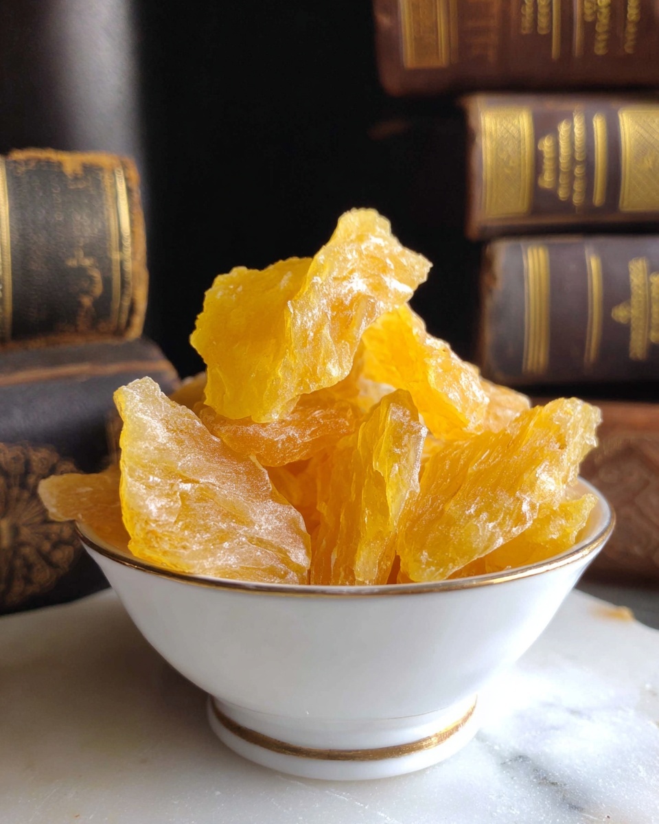 A small white bowl is filled with several pieces of bright yellow dried pineapple chunks, piled high with a slightly shiny and rough texture. Some chunks spill over the rim, showing their translucent, crystallized surface with visible fibrous details. The bowl sits on a white marbled surface, with a dark, blurred background of old books adding contrast. Photo taken with an iphone --ar 4:5 --v 7