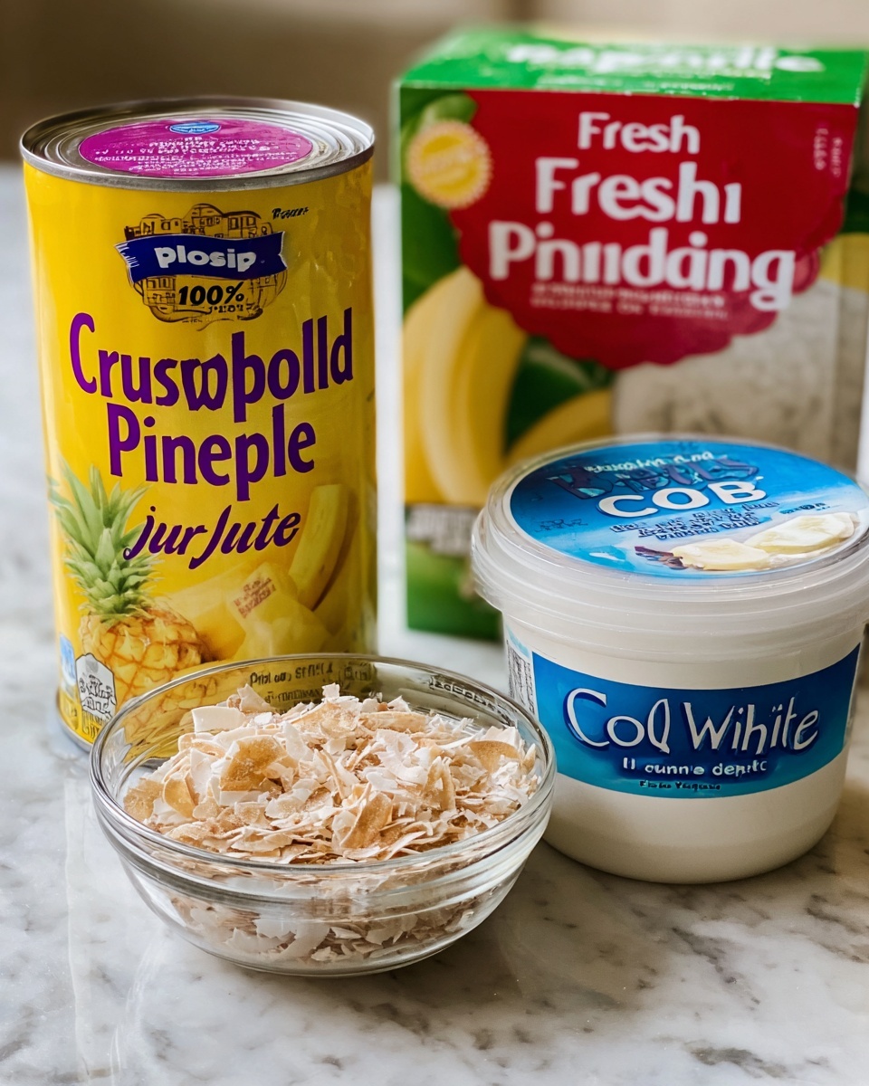 The image shows ingredients for a dessert arranged on a white marbled surface. On the left is a tall can labeled