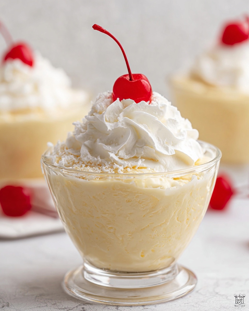 The image shows a clear glass bowl filled with a creamy, pale yellow pudding with a slightly rough texture. On top of the pudding is a thick swirl of white whipped cream, looking soft and fluffy. Sitting on the whipped cream is a bright red cherry with a long stem, standing out vividly against the light colors below. The bowl is placed on a white marbled surface, and the background is softly blurred, showing hints of similar desserts also topped with whipped cream and cherries. photo taken with an iphone --ar 4:5 --v 7