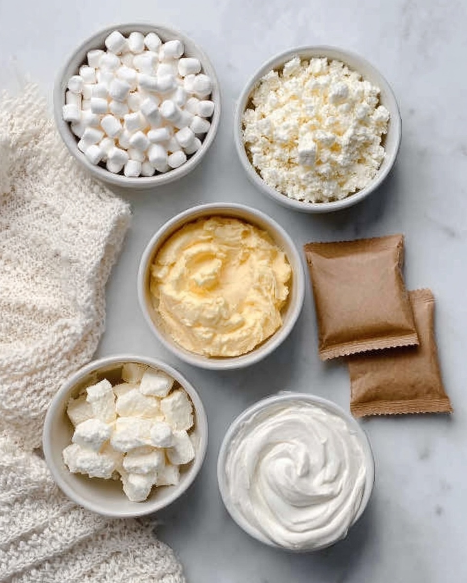 The image shows five white bowls and two small brown paper packages placed on a white marbled surface. The bowls contain different ingredients: one bowl is filled with small white marshmallows, another with crumbled white cheese, and a third with a light yellow creamy mixture that looks like butter or cream cheese. The last two bowls hold smooth, white spreads with a swirled texture on top. The two small brown paper packages are placed side by side near the bowls. A white crocheted cloth is partially visible in the corner. photo taken with an iphone --ar 4:5 --v 7