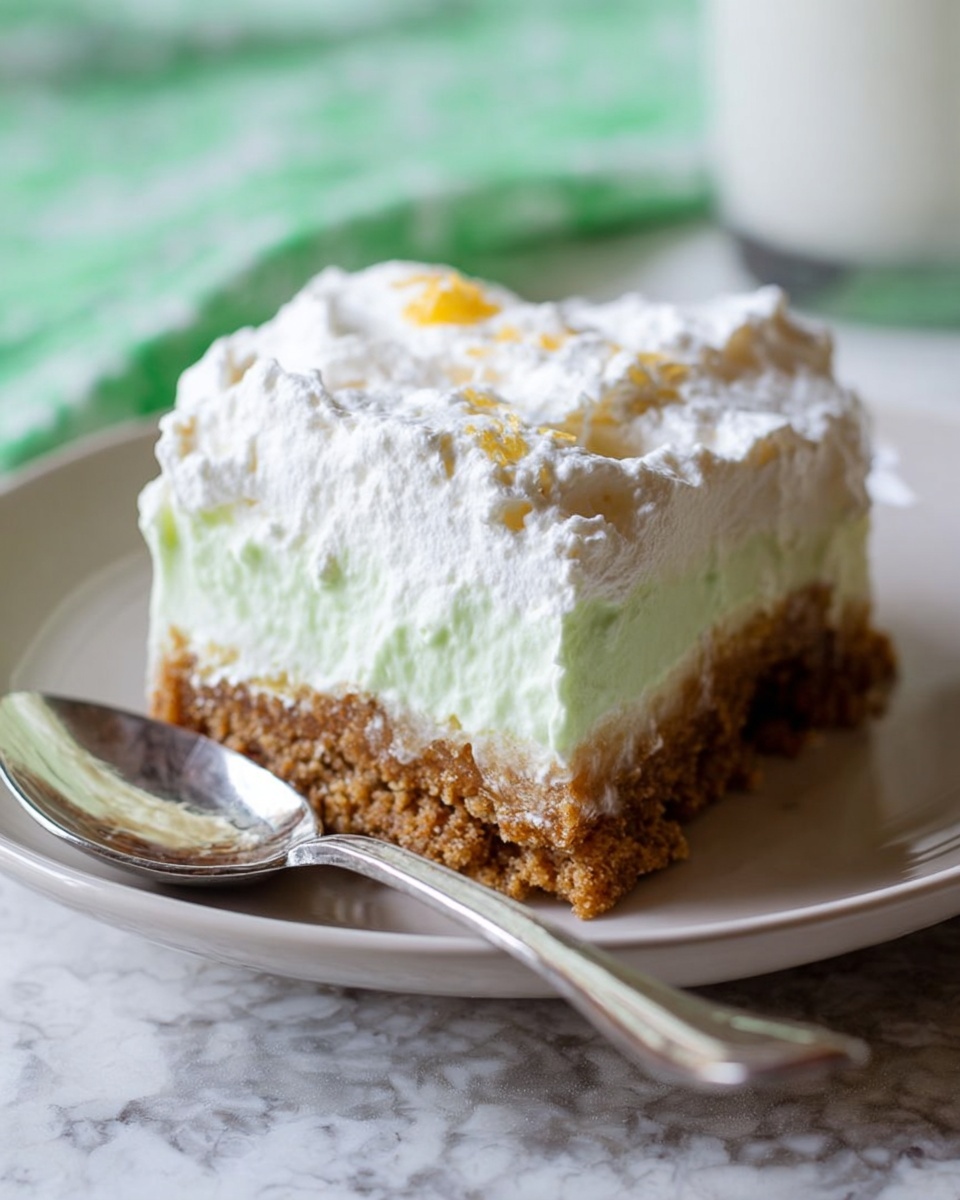A slice of dessert with three clear layers is shown on a white plate. The bottom layer is thick, crumbly, and brown, looking like a soft cookie or cake base. Above it is a light green creamy layer that appears smooth and slightly firm. The top layer is fluffy white whipped cream with some small yellow parts mixed inside. A shiny silver spoon lies on the plate beside the dessert. The scene is set on a white marbled surface with soft natural light. Photo taken with an iphone --ar 4:5 --v 7