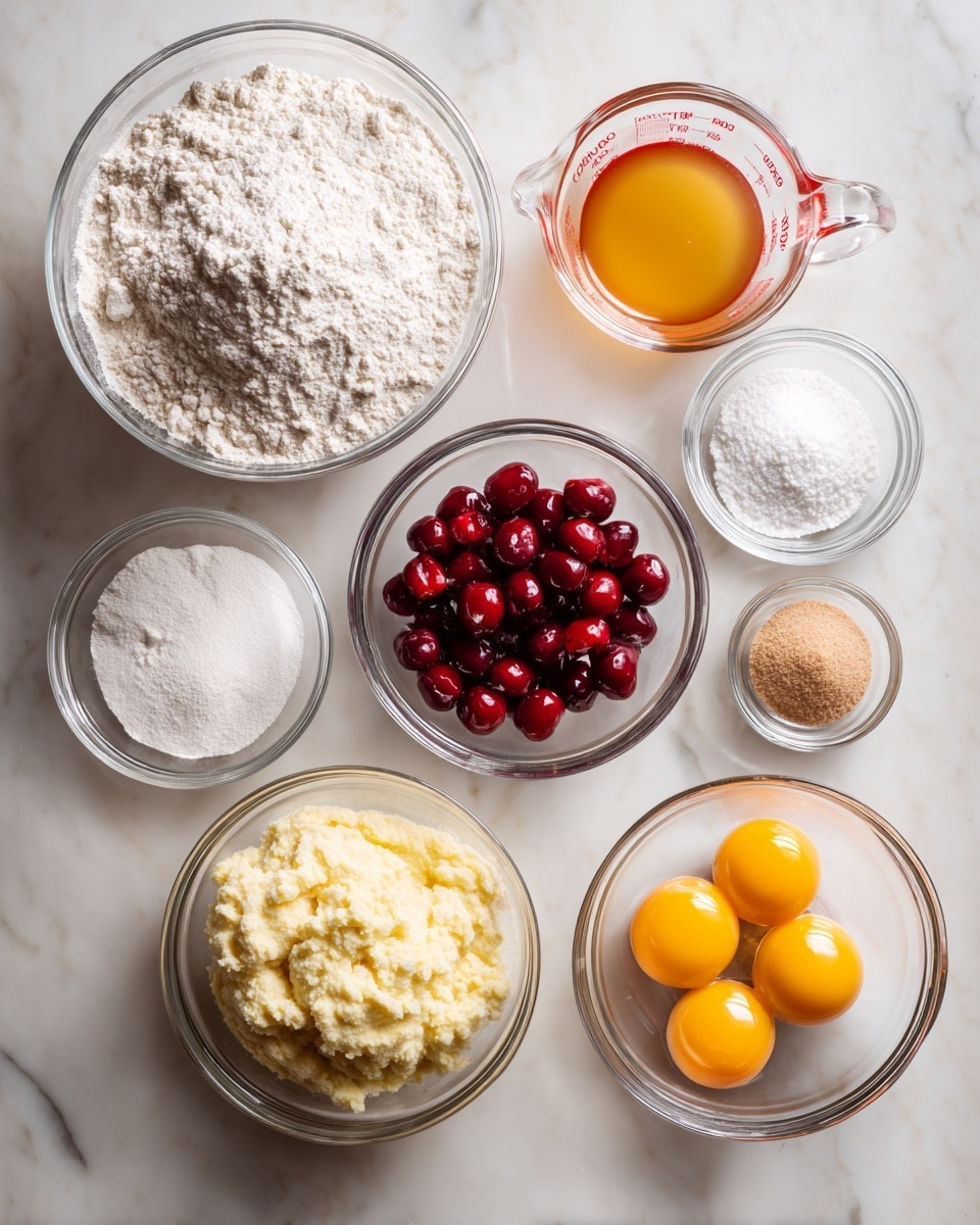 The image shows eight containers with baking ingredients arranged on a white marbled surface. From left to right starting at the top left, there is a large glass bowl filled with white flour, a glass measuring cup with light orange liquid, a small glass bowl of bright red cherries, a small glass bowl of white powdered sugar, and a small glass bowl with light brown sugar. Below these, from left to right, there is a glass measuring cup with a yellow liquid, a glass measuring cup with a clear liquid, a glass bowl with a pale yellow, mashed texture ingredient in the middle, and a glass bowl holding three raw eggs with bright yellow yolks and clear whites. The containers vary in size and shape, all made of clear glass. photo taken with an iphone --ar 4:5 --v 7