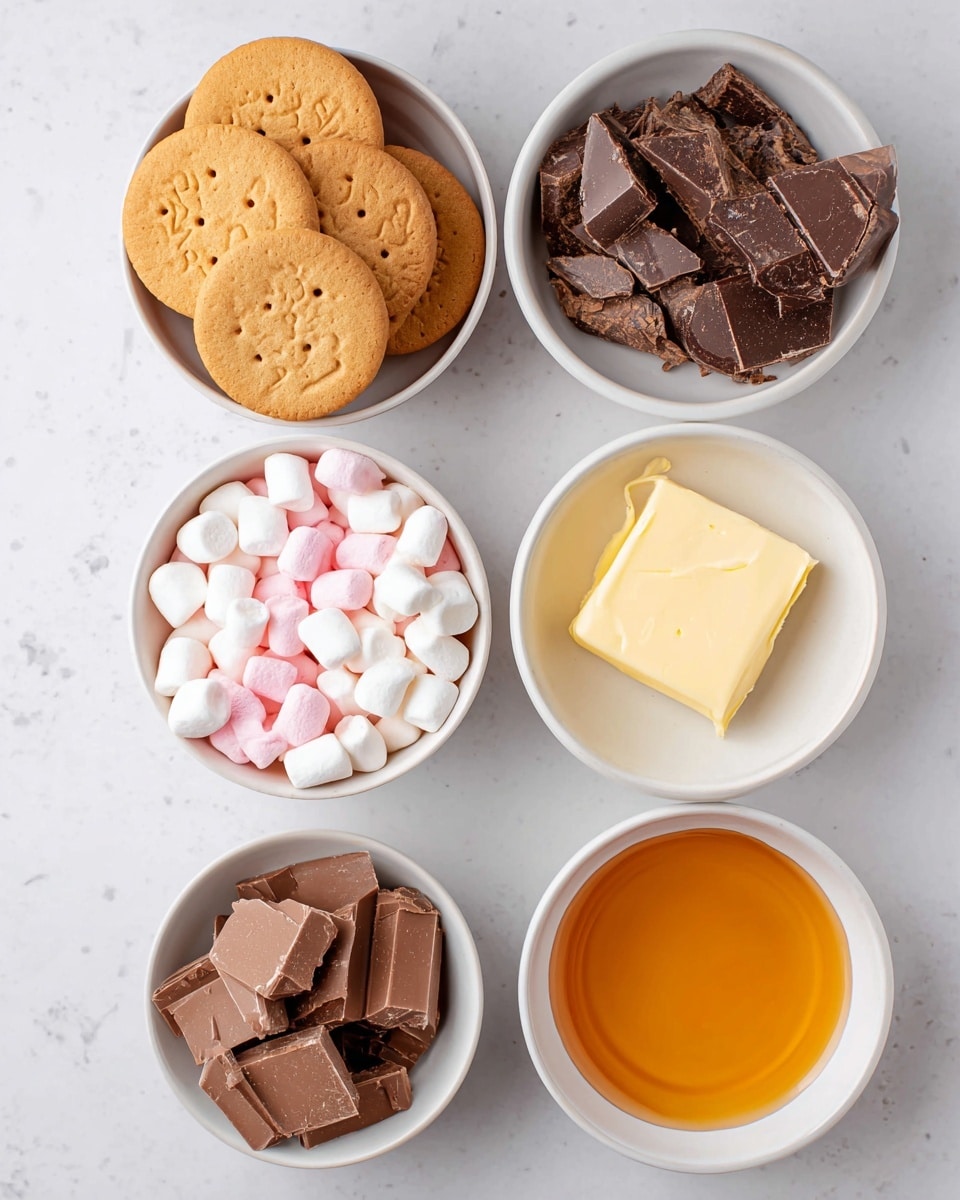 The image shows six small white bowls arranged on a white marbled surface. The top left bowl holds five round, light brown biscuits with an embossed design and small holes. The top right bowl is filled with unevenly broken pieces of dark chocolate, dark brown with rough edges. Below that, near the center, is another white bowl holding a pale yellow block of butter with a small piece broken off and placed beside it. To the left of the butter is a bowl full of tiny pink and white marshmallows, mixed evenly. Below the marshmallows, near the bottom center, is a bowl containing more chunks of chocolate, slightly lighter in color and also unevenly broken. To the far lower left is a small white bowl with a smooth, glossy layer of golden honey. photo taken with an iphone --ar 4:5 --v 7