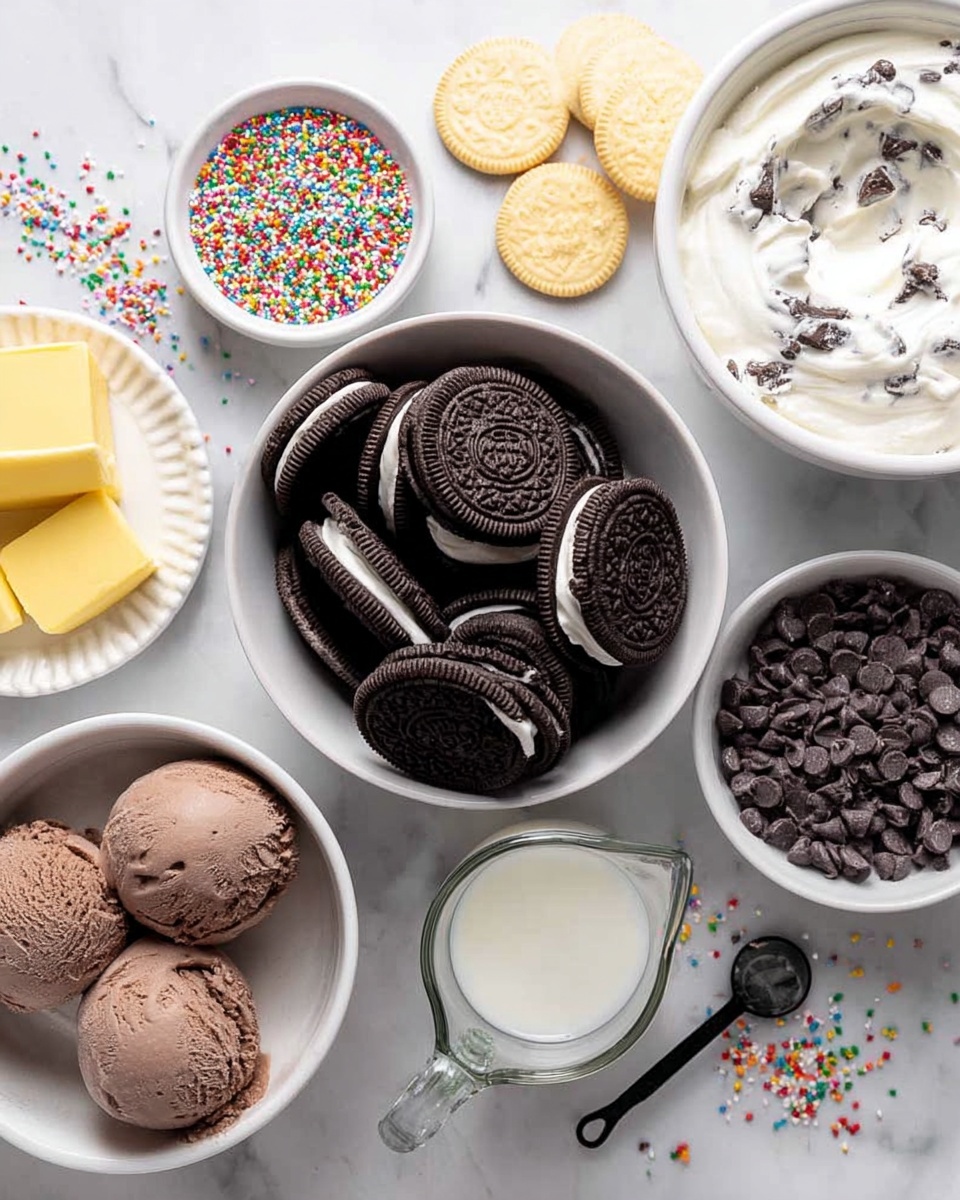 The image shows a white bowl full of dark chocolate sandwich cookies with white cream, placed in the center on a white marbled surface. Around it, there are six bowls and a measuring cup arranged in a circular pattern: at the top right, a white bowl filled with white cream with cookie pieces mixed in; at the bottom right, a white bowl filled with dark chocolate chips; below the center, a clear glass measuring cup with white liquid; at the bottom left, a white bowl with three scoops of chocolate ice cream; at the top left, a white bowl with colorful sprinkles; next to it, a white bowl with a yellow block of butter; and next to it, a small white plate holding a few whole sandwich cookies and a black measuring spoon. Some colorful sprinkles are scattered on the white marbled surface. photo taken with an iphone --ar 4:5 --v 7
