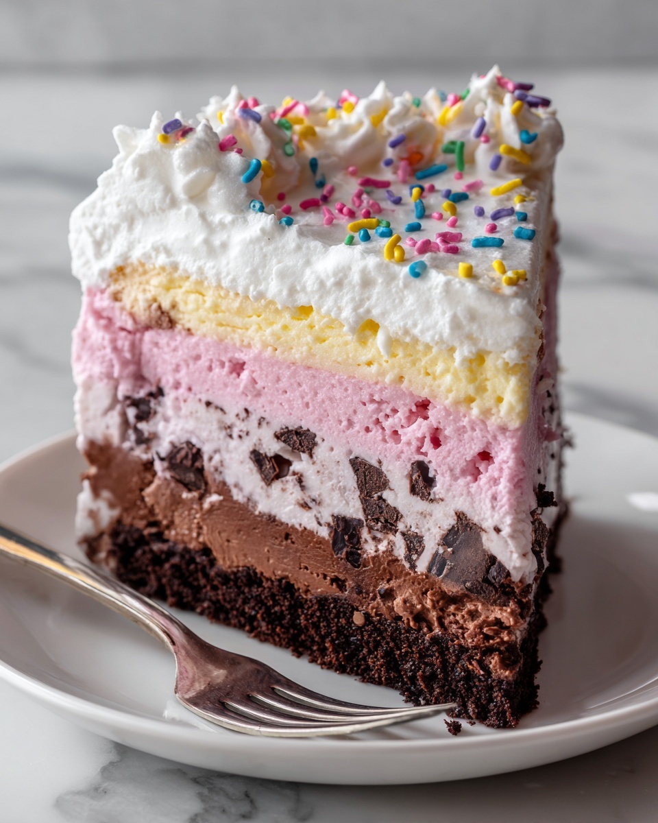 A close-up side view of a slice of ice cream cake on a white plate, showing three clear layers: the bottom layer is dark brown chocolate mixed with chunks and bits of dark chocolate, the middle layer is light pink strawberry ice cream with a smooth texture, and the top layer is white whipped cream decorated with colorful sprinkle pieces like yellow, pink, blue, and purple. The plate sits on a white marbled textured surface with a blurred background, and there is a fork resting next to the plate photo taken with an iphone --ar 4:5 --v 7