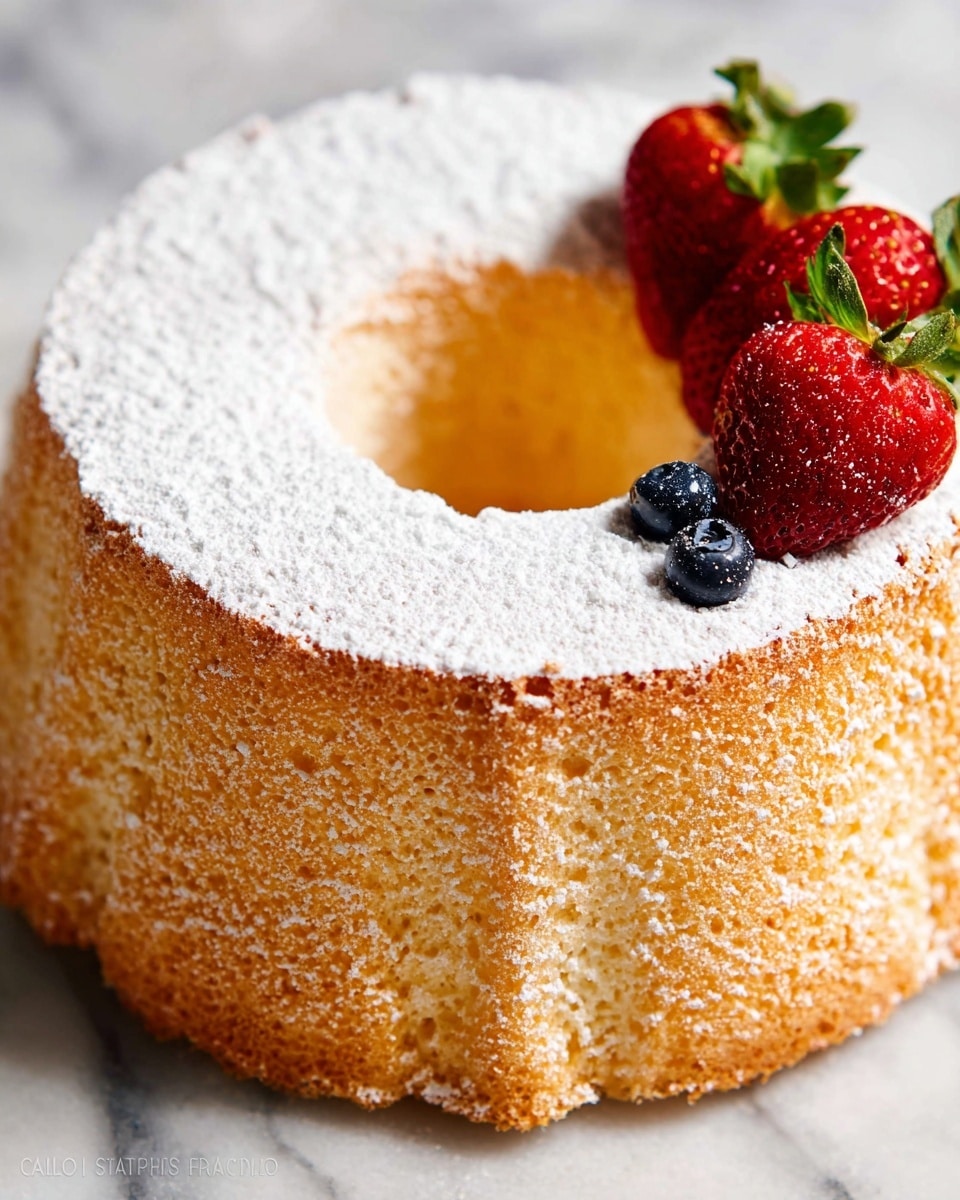 A single layer, round cake with a soft golden brown crust and a light dusting of white powdered sugar on top, placed on a white plate over a white marbled surface. The top of the cake is decorated with a large, delicate pink peony flower in the center and four fresh strawberries with green leaves arranged around it, along with a small dark blueberry near the strawberries. A wedge of the cake is missing, showing a light and fluffy interior with a fine crumb texture. Photo taken with an iphone --ar 4:5 --v 7