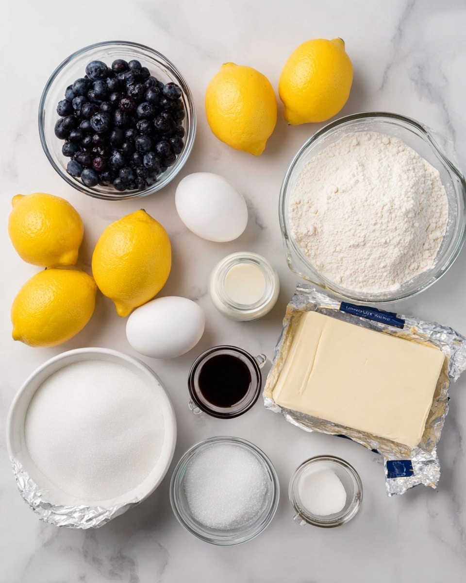 The image shows a white marbled surface with various baking ingredients neatly arranged. There are three bright yellow lemons evenly spaced, surrounded by a small clear glass bowl filled with dark, plump blueberries. Two white eggs are placed near a round white glass bowl of white granulated sugar and a larger white glass bowl of white flour. A white stick of butter wrapped partially in paper lies beside a block of white cream cheese on its foil wrapper. Nearby, a small clear glass jug contains white milk, and a tiny jar holds a dark liquid, likely vanilla extract. Additional small containers hold white powdered sugar and a pinch of salt. All items are spread out neatly making each ingredient clearly visible. Photo taken with an iphone --ar 4:5 --v 7