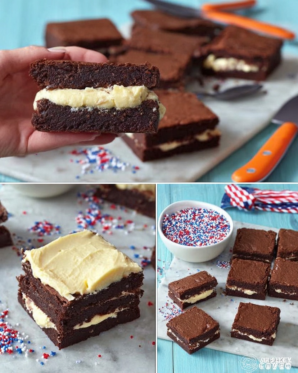 The image shows a set of dark chocolate brownies that are thick and square-shaped, arranged on a white marbled texture with beige cloth underneath. One close-up shows a woman's hand holding a brownie sandwich filled with a thick, creamy, pale yellow layer of frosting. Another close-up shows a brownie topped with a layer of frosting being spread with a spoon, next to more brownies. The brownies have a rich, dense texture with a slightly cracked top. In one picture, a brownie sandwich is placed in a white bowl filled with red, white, and blue sprinkles, some of which stick to the frosting. The sprinkles are small and colorful, adding a festive touch. The background is light blue wood with some baking tools visible like a spatula with an orange handle and a knife with a black handle. photo taken with an iphone --ar 4:5 --v 7