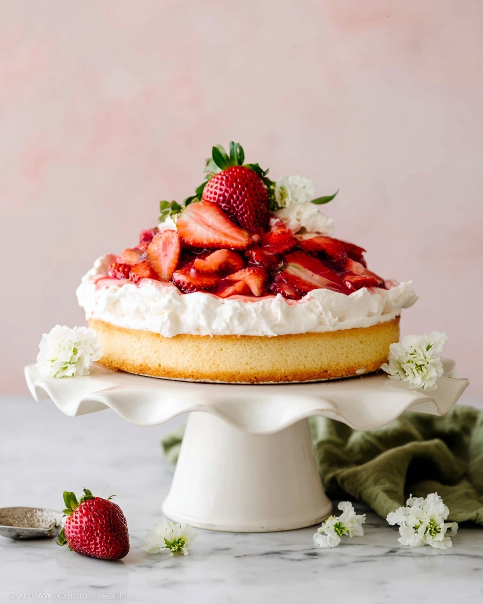 A slice of cake on a white plate sits on a white marbled surface; the cake has three layers: a soft light yellow sponge base, a thick white whipped cream layer in the middle, and a top layer of sliced red strawberries with red syrup dripping slightly over the edges. In the background, there is a white cake stand holding the rest of the cake with a wavy edge and a few whole strawberries on top and around it, set against a soft pink blurred background. A white flower is placed near the plate. Photo taken with an iphone --ar 4:5 --v 7