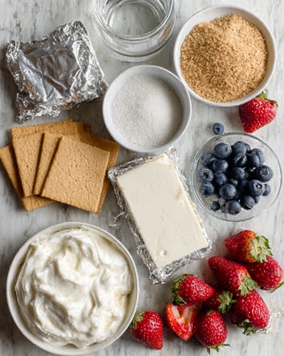 The image shows a white marbled surface with various ingredients for making a dessert or snack. There are three light brown rectangular graham crackers near the bottom left. Above them, a small white bowl filled with light brown sugar and another small white bowl filled with light-colored granulated sugar. To the right of the sugars, a clear glass jar with water is slightly opened. Below the jar, a block of white cream cheese is partially unwrapped in foil. Fresh blueberries and strawberries with their green tops are scattered near the bottom right. A white bowl filled with thick white cream, possibly whipped cream or yogurt, sits near the bottom center. The overall scene looks fresh and ready for assembly. photo taken with an iphone --ar 4:5 --v 7