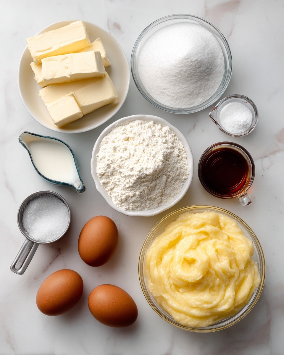 The image shows a group of baking ingredients arranged on a white marbled surface. There are three brown eggs in the front left side, near a small metal cup filled with a white powder, likely salt. To the right of the eggs, there is a small clear glass measuring cup with a white liquid, possibly milk. Behind it is a white bowl filled with white granulated sugar, sitting next to a glass bowl holding a white powder for baking, like powdered sugar. Further back on the left, a small white bowl contains several rectangular pieces of pale yellow butter. Next to it is a larger glass bowl full of a fluffy white powder, likely flour. On the right side, a large glass bowl holds a thick, yellow puree that looks like applesauce. A small shot glass with a dark brown liquid, possibly vanilla extract, is placed near the eggs and butter. The colors range from white powders, yellow butter and puree, to brown eggs and dark liquid. Photo taken with an iphone --ar 4:5 --v 7