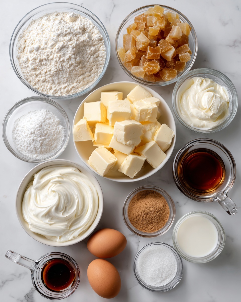 The image shows several small bowls and glasses filled with baking ingredients arranged on a white marbled surface. At the back, two clear glass bowls contain white flour and golden caramelized diced fruit. A white bowl with thick white cream is placed next to the butter layer, which consists of large pale yellow butter cubes in a white bowl. In front, two brown eggs rest side by side. Near the eggs, there is a clear glass bowl filled with white powdered sugar. Two small metal bowls hold a light brown powdered spice and fine white granulated sugar, respectively. Two small clear measuring glasses contain dark brown vanilla extract and white liquid, likely milk or cream. The ingredients are neatly arranged and give a clean, organized feel to the photo taken with an iphone --ar 4:5 --v 7