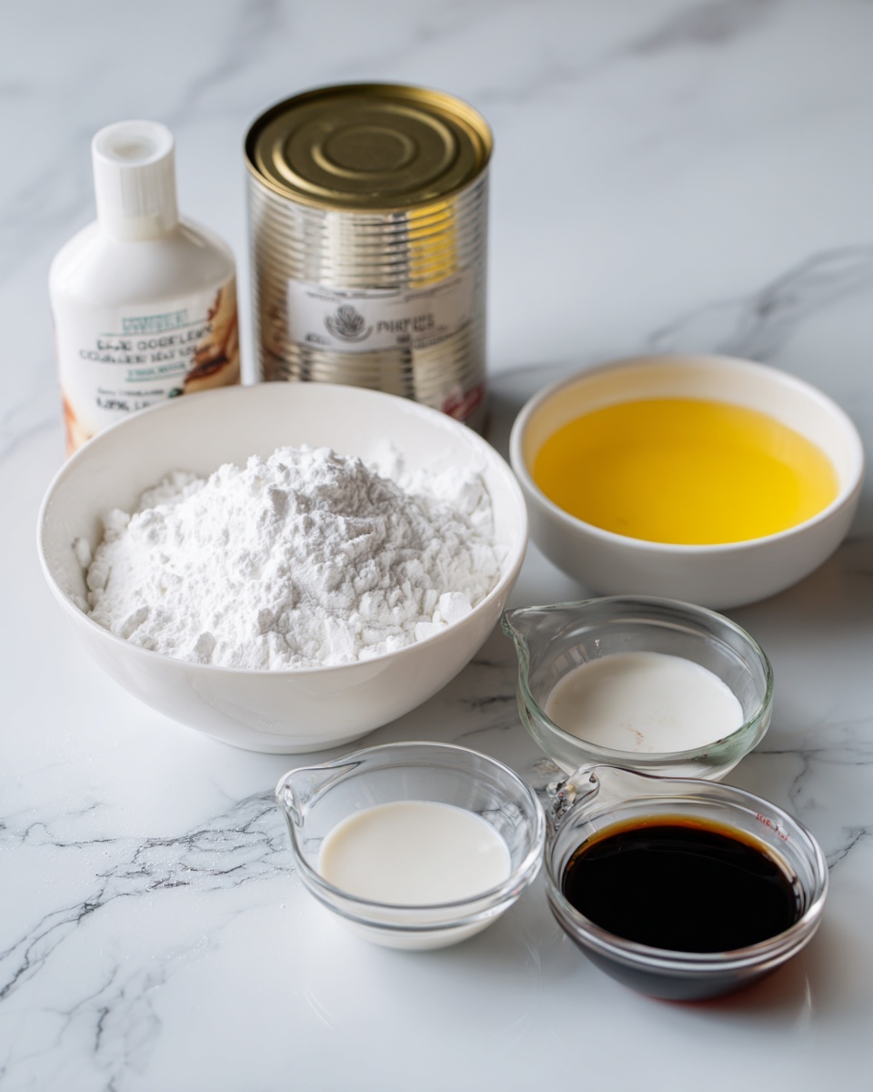 The image shows several baking ingredients arranged on a white marbled surface. In the background, there is a box of puff pastry sheets and a can of apple pie filling. In front, a white bowl is full of fluffy white powdered sugar. Next to it are two small glass measuring cups, one containing a dark brown liquid, likely vanilla extract, and the other filled with a white liquid, probably milk. Behind them is a small white bowl filled with a yellow liquid, likely melted butter. The items are neatly placed close together. Photo taken with an iphone --ar 4:5 --v 7