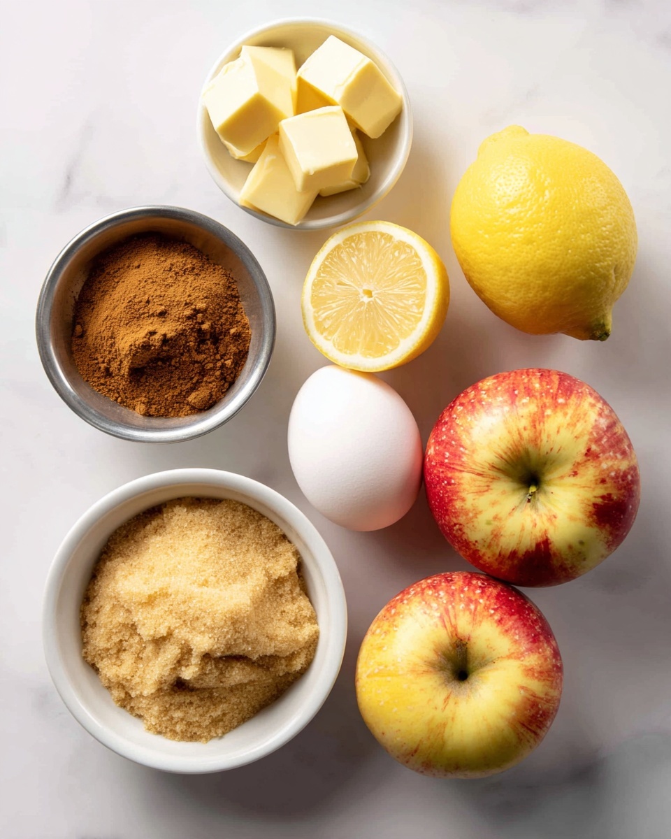 A group of ingredients is arranged on a white marbled surface. Four apples, yellow with red patches, are placed to the right side in a loose cluster. Near the center, a half lemon is cut open showing its juicy, pale yellow inside. Below and to the left of the lemon is a small white bowl full of light brown sugar with a grainy texture. Above this bowl sits a whole white egg. To the left of the egg is a small metal bowl containing bright brown cinnamon powder. Above the egg is another white bowl holding three pieces of pale yellow butter with smooth texture. The overall color scheme includes warm earthy tones against a clean, bright white background. Photo taken with an iphone --ar 4:5 --v 7