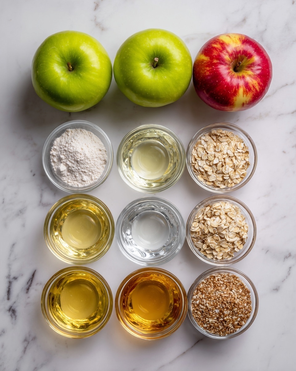 The image shows a white marble surface with five apples placed at the top, two are bright green and three are red with some yellow patches. Below the apples, there are six small clear glass bowls arranged neatly; three are in the top row and three slightly below. The top row bowls contain white powder, clear water, and a light golden liquid. The bowls in the bottom row have oats, brown flax seeds, and light brown sugar. Each bowl is clean and the ingredients are clearly visible with textures like powder, liquid smoothness, and the roughness of oats and seeds. Photo taken with an iphone --ar 4:5 --v 7