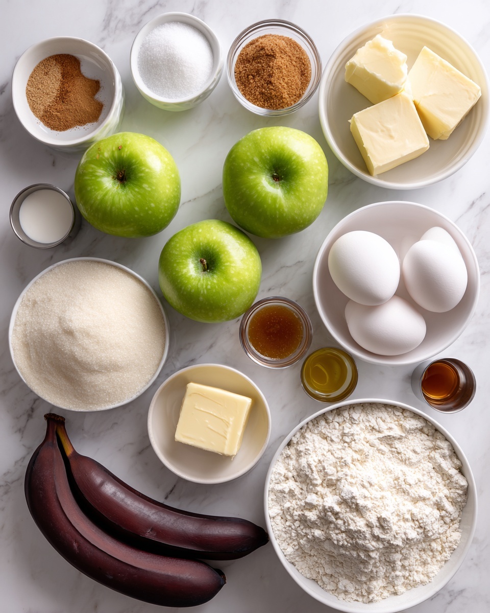 Two shiny green apples sit near the top center on a white marbled texture. Around them are multiple white bowls and small metal cups with various baking ingredients. On the left are bowls holding white sugar, cinnamon, salt, and a chunk of butter. On the right, there is a bowl of white flour, two white eggs in a clear bowl, and two dark purple bananas leaning against the bowl. In the center, there is a stick of butter and small clear bowls with vanilla extract, applesauce, and brown sugar. The scene is bright and clean with all the ingredients ready for baking. Photo taken with an iphone --ar 4:5 --v 7