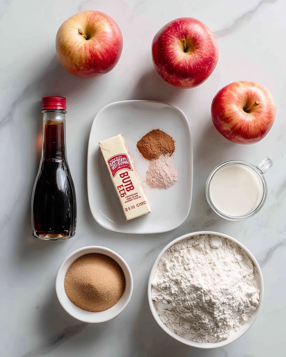 The image shows a white marbled surface with six baking ingredients neatly arranged: three red apples with a gradient of yellow, a stick of butter with