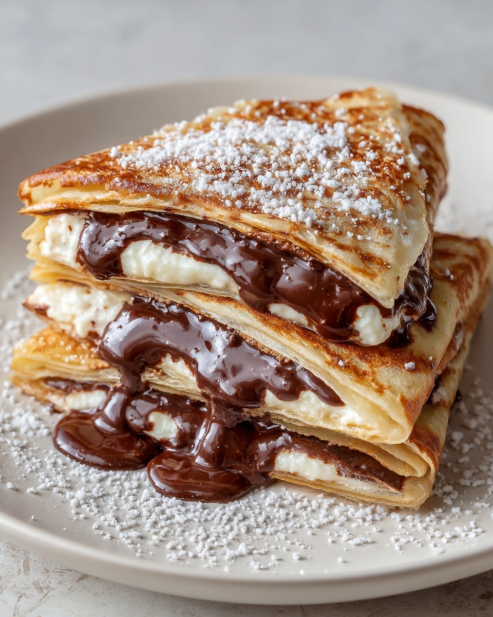 A close-up view of a folded dessert made from soft light beige crepes stacked in two layers, with thick, shiny dark brown chocolate spread and smooth white cream filling clearly visible between the layers; the top crepe layer is sprinkled with a fine layer of granulated sugar, giving it a slightly sparkly and textured look. The dessert is placed on a white plate with a bright blue pattern, and the background features a white marbled surface. Photo taken with an iphone --ar 4:5 --v 7
