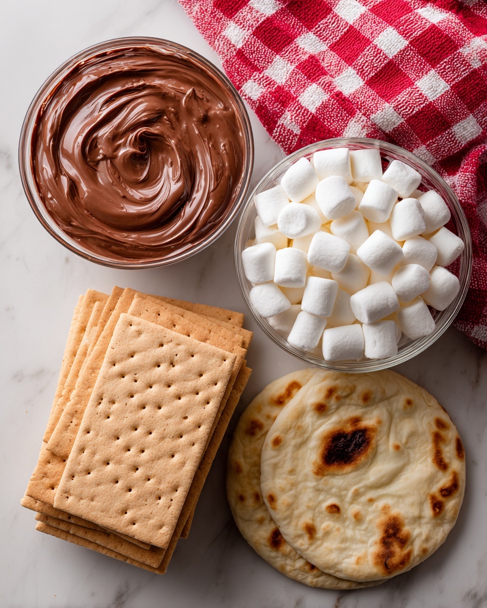 The image shows a flat white marbled surface with four food items arranged neatly. On the top left, there is a small clear glass bowl filled with smooth, thick milk chocolate spread that has some ripples on the surface. To the right of this bowl, another clear glass bowl contains a heap of small, soft white marshmallows. Below the chocolate bowl, a stack of rectangular light brown graham crackers with a slightly rough texture is placed. On the right side, near the bottom, there are two round, flat pieces of light golden brown flatbread with dark toasted spots scattered unevenly. A red and white checkered cloth is partially visible at the top edge of the image. Photo taken with an iphone --ar 4:5 --v 7