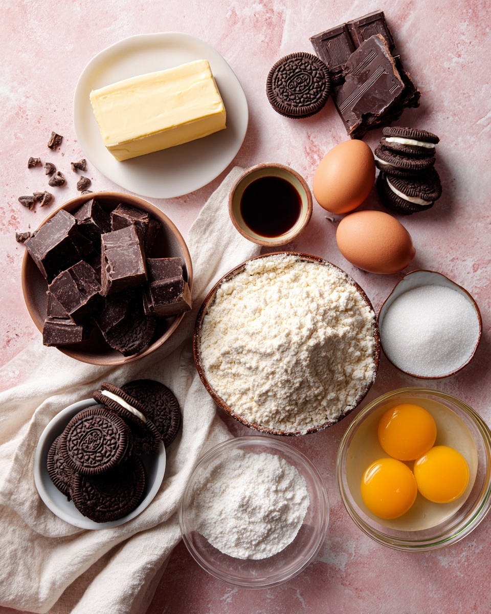 The image shows an overhead view of baking ingredients arranged on a soft pink surface with a white marbled texture underneath. There is a white plate with a rectangular stick of pale yellow butter near the top center. Below that, a white linen cloth is spread loosely with a small brown bowl holding white salt on it. Around the cloth, there are whole and broken Oreo cookies with black and white layers. In the middle left, a glass bowl holds large chunks of dark chocolate pieces, and below it, a smaller white bowl contains semi-sweet chocolate chips. To the right, a clear glass bowl is filled with fine white sugar, and next to it, another glass bowl contains white flour with a small scoop on top. At the bottom right, a white cup contains three cracked yellow egg yolks with egg whites. Toward the top left, a tiny glass bowl holds dark brown vanilla extract. Photo taken with an iphone --ar 4:5 --v 7