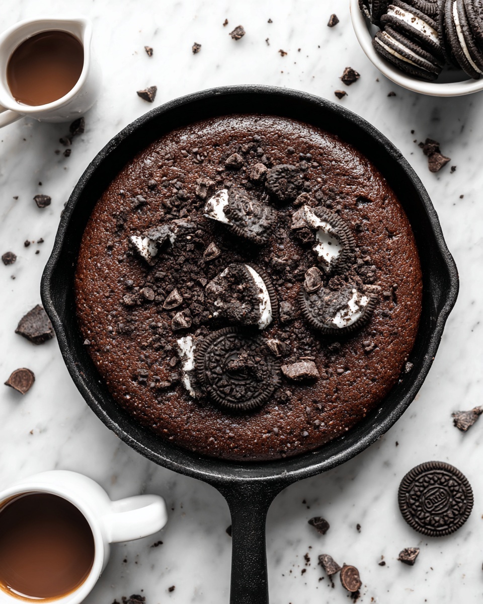 A large round chocolate dessert with a soft, slightly bumpy texture fills a black cast iron skillet, topped with evenly scattered broken Oreo cookie pieces showing dark brown cookie and white cream layers. The skillet is placed on a white marbled surface with a small white bowl of whole Oreo cookies to the left and white mugs with chocolate drips in the background. Photo taken with an iphone --ar 4:5 --v 7