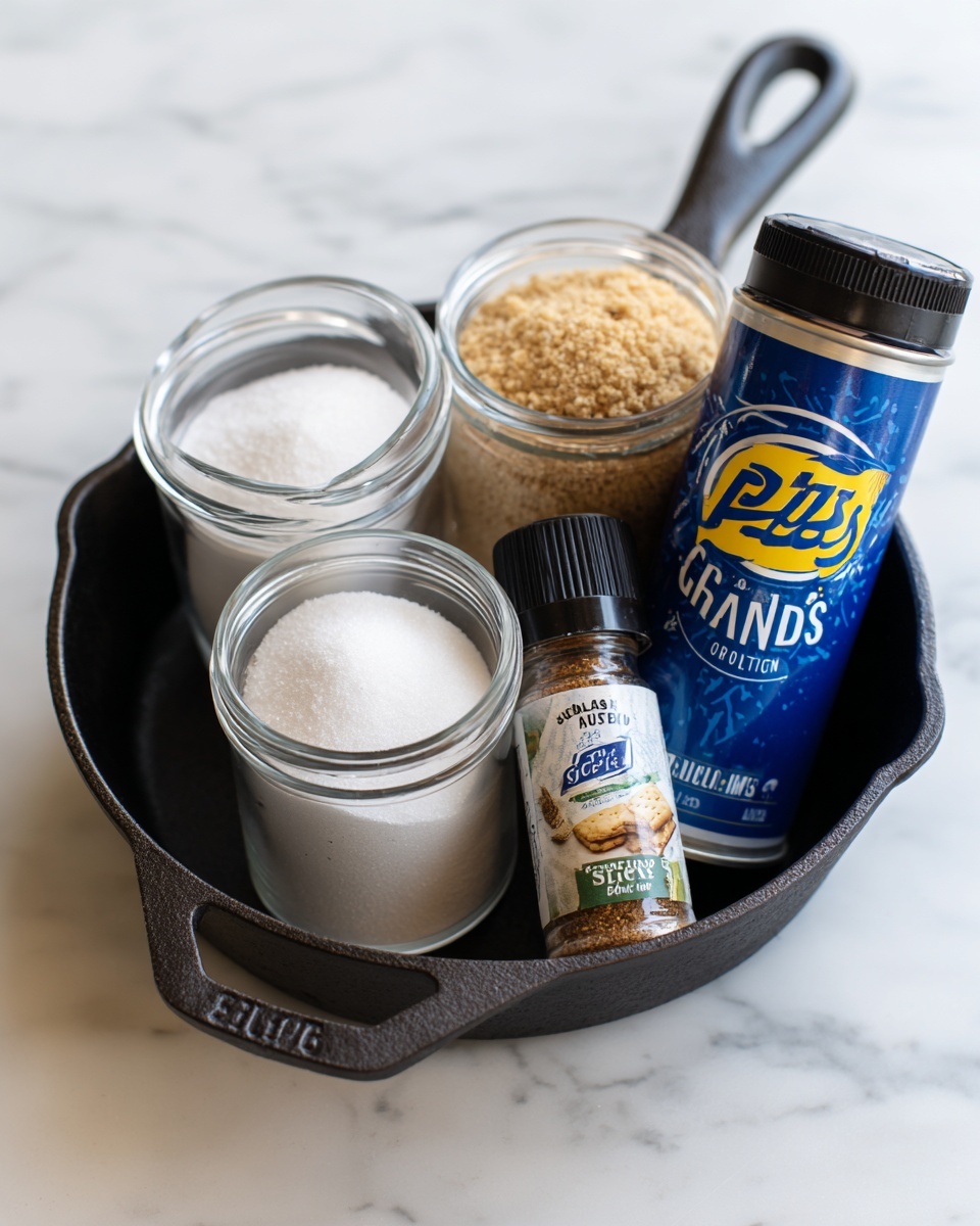 The image shows a black cast iron pan on a white marbled surface. Inside the pan, there are three containers with ingredients: one clear container filled with white granulated sugar, another clear container filled with light brown sugar, and a blue and yellow cylindrical can of Pillsbury Grands! biscuits leaning against the side. A small bottle of apple spice seasoning with a black lid and a white and green label lies in front of the can and containers, all arranged neatly within the pan. Photo taken with an iphone --ar 4:5 --v 7