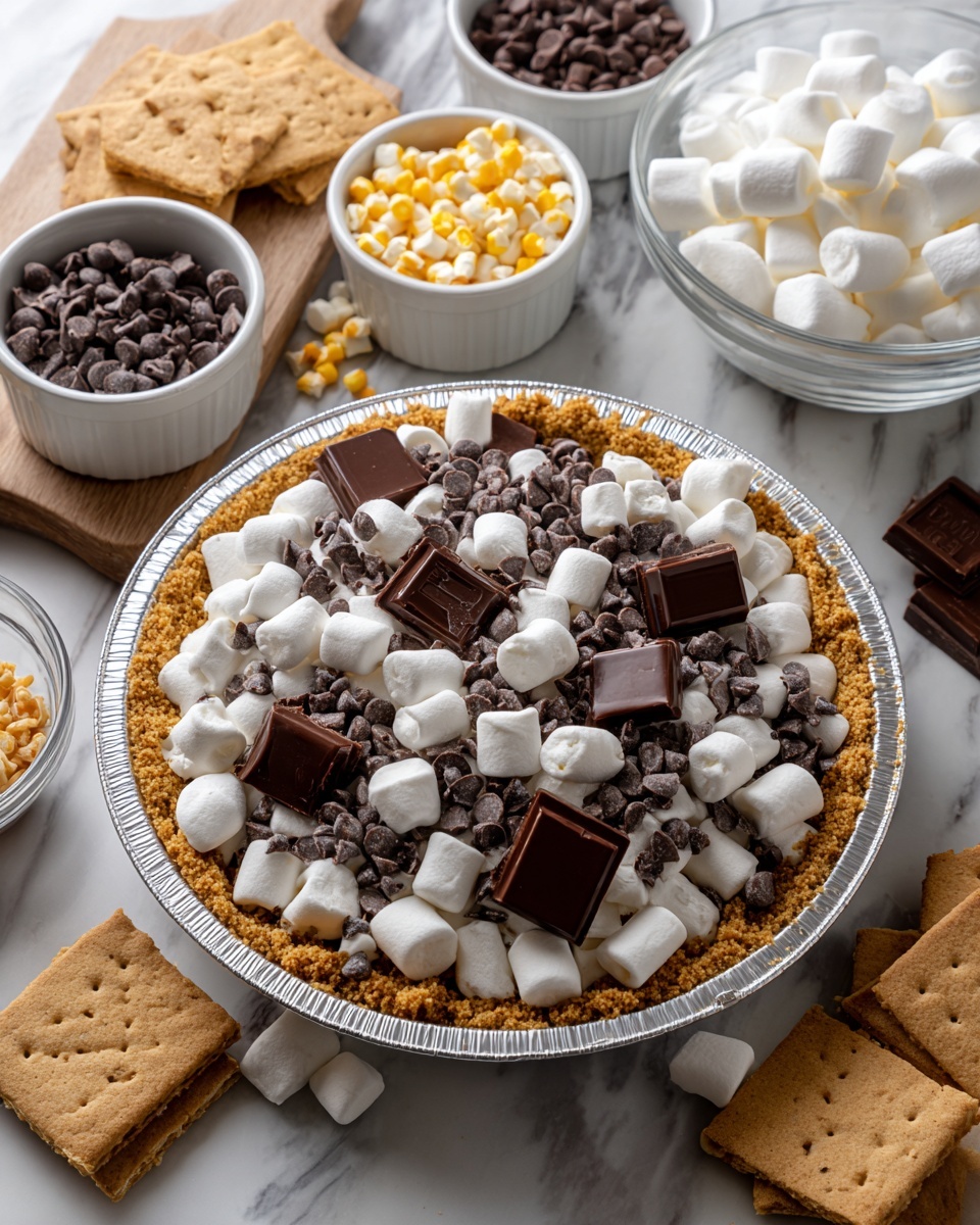 A silver pie pan filled with a pile of layered ingredients: the bottom layer has light brown graham crackers arranged in a circular pattern, topped with scattered white large and mini marshmallows, dark brown Hershey's chocolate squares placed evenly, smaller dark and light brown chocolate chips sprinkled on top, creating a mix of soft and crunchy textures. Surrounding the pan are clear glass bowls filled with large white marshmallows and mini marshmallows, white ramekins containing dark and golden chocolate chips, and a wooden cutting board with extra graham crackers and chocolate pieces, all placed on a white marbled texture surface. Photo taken with an iphone --ar 4:5 --v 7