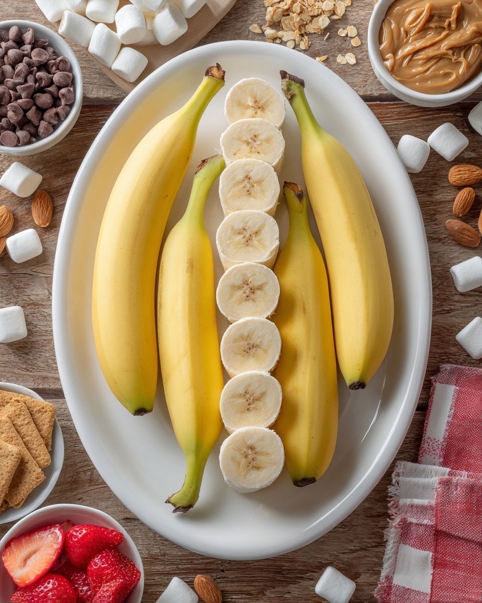 Six yellow bananas are neatly placed side by side on a white oval plate, each banana sliced open lengthwise down the middle revealing its light beige inner fruit. The bananas are smooth with slightly spotted yellow peels and greenish stems at both ends. Around the plate on a wooden surface are scattered small marshmallows, chocolate chips, peanut butter, graham crackers, Reese’s peanut butter cups, a bowl of sliced almonds, and a small white bowl with sliced strawberries. The overall scene is warm and inviting. Photo taken with an iphone --ar 4:5 --v 7
