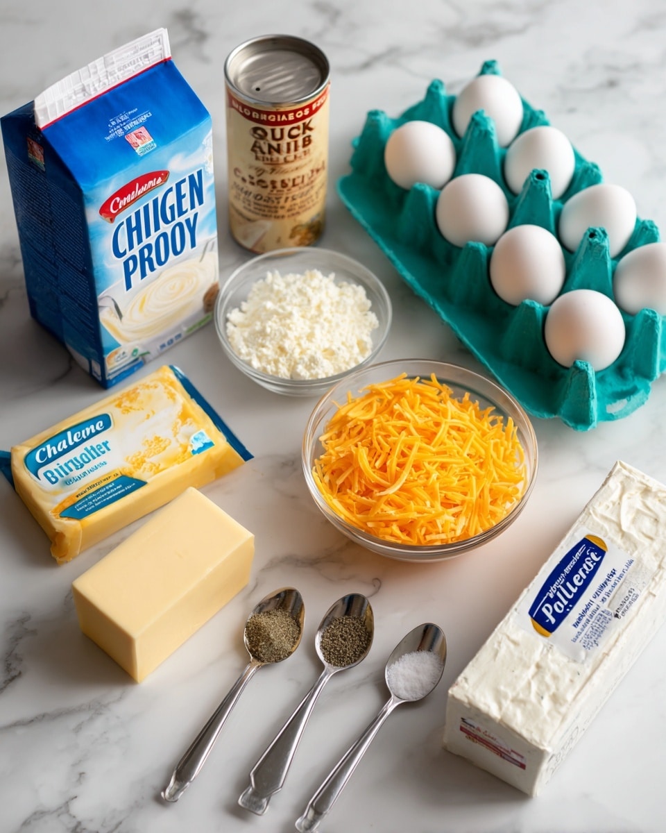 The image shows a white marbled surface with various cooking ingredients arranged neatly. In the back row, there is a blue and white carton of chicken broth and a cylindrical container of Quaker Old Fashioned grits. In front of them, there is a pale yellow package of Challenge butter and a small clear bowl filled with shredded orange cheddar cheese. To the right, a teal egg holder contains twelve white eggs. In the front, three small measuring spoons have white salt, green pepper, and another white seasoning. Near the bottom right corner, there is a rectangular pack of Philadelphia original cream cheese. Photo taken with an iphone --ar 4:5 --v 7