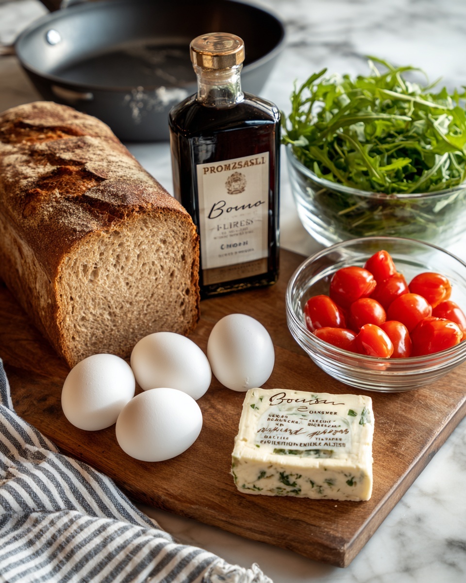 A wooden board holds a thick slice of light brown bread with a crusty texture on the left side. In front of the board are three white eggs placed close together. To the right, there is a small block of light cream cheese with green herbs labeled