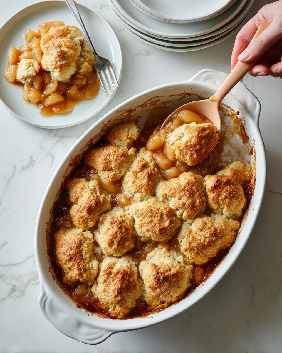 A white deep dish filled with many golden brown cinnamon roll pieces arranged closely together on the top layer, each piece showing a slightly crispy and flaky texture with dark brown cinnamon swirls. Underneath, there is a layer of soft, cooked apples with a glossy, caramelized light brown sauce, some sauce spreading on the sides of the dish. A pink spoon is partially inside the dish on the right side, scooping out some of the apple filling. In the background to the left, a white plate holds a serving of the cinnamon rolls and apple mix, with a fork resting on the plate. The scene sits on a white marbled textured surface. Photo taken with an iphone --ar 4:5 --v 7