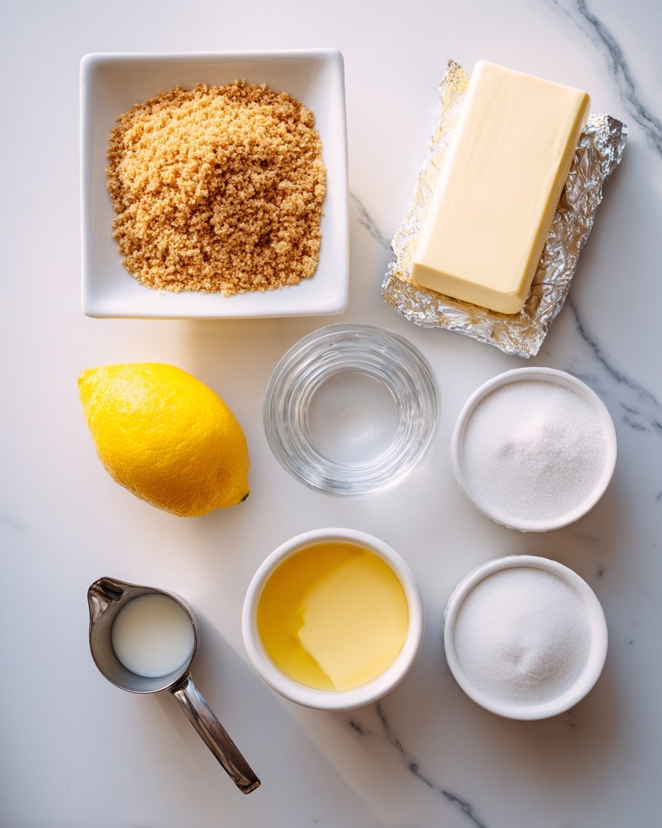 The image shows ingredients neatly placed on a white marbled surface; at the top center is a white square bowl filled with golden brown crushed crackers or crumbs, to the right is a white wrapped block of cream cheese on silver foil. On the left side, there is a whole yellow lemon and a bright yellow lemon-flavored Jell-O packet. Below these, there is a silver measuring cup with a creamy white liquid, next to it a clear glass with water. At the bottom center right, a white cup holds melted yellow butter, and to its right is another white bowl filled with fine white sugar. The layout is clean and organized, with soft natural lighting. Photo taken with an iphone --ar 4:5 --v 7