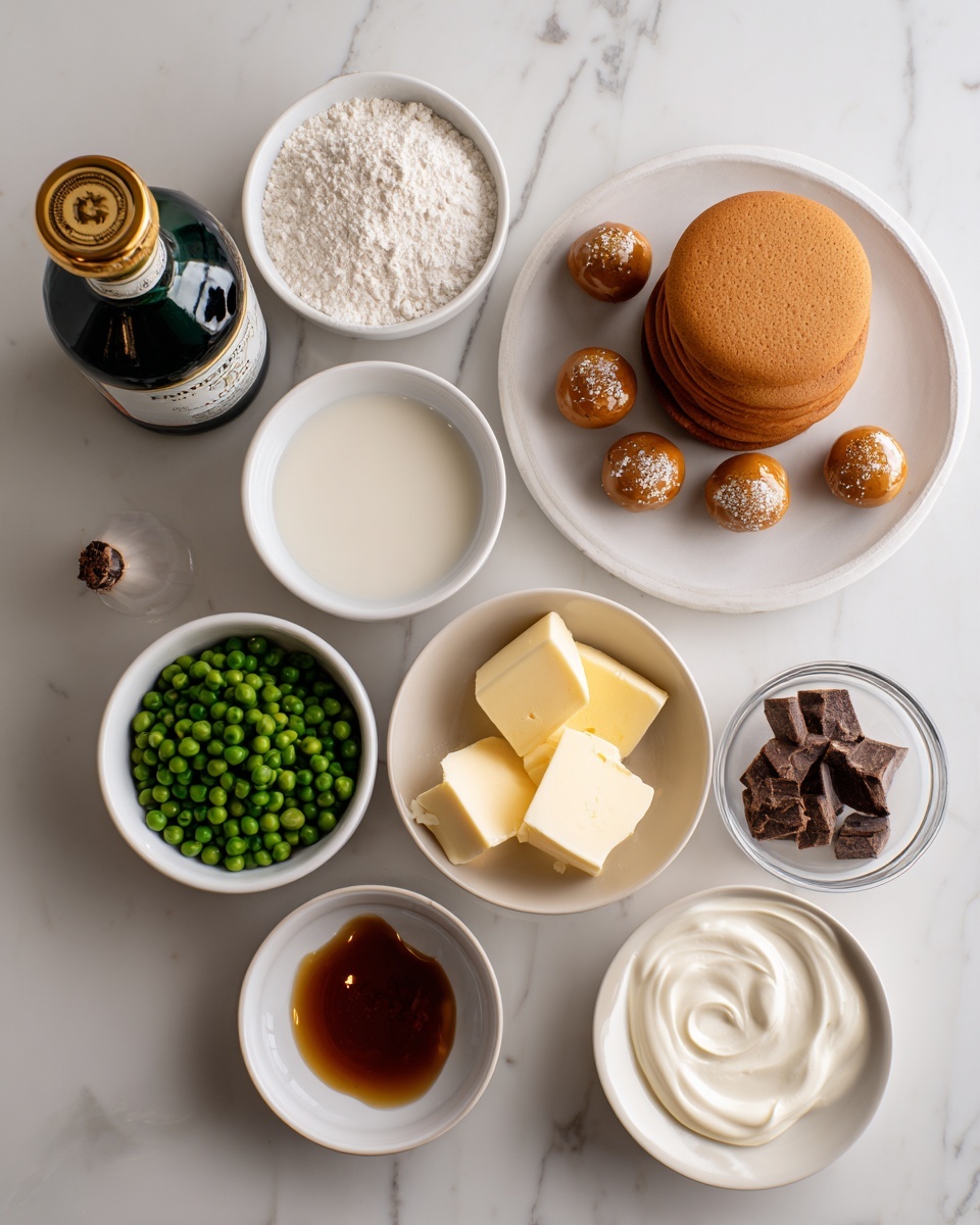 The image shows several small white bowls and a white plate arranged on a white marbled surface. The white plate holds a neat stack of round golden-brown biscuits on the right side. Around the plate, there are seven white bowls, each filled with different ingredients: a bowl with a creamy white liquid, another with round golden balls coated in something shiny, a bowl of white powder, a bowl of small green peas, a bowl of dark brown sauce, a bowl with two yellow butter slabs, and a bowl of smooth white yogurt or cream. Near the bottom right corner, there is a small white bowl with a few pieces of dark brown chunks. On the left side of the image, there is a dark green bottle with a label and gold top. The bowls and plate are arranged neatly, and the colors of the ingredients contrast clearly with the white marbled surface. photo taken with an iphone --ar 4:5 --v 7
