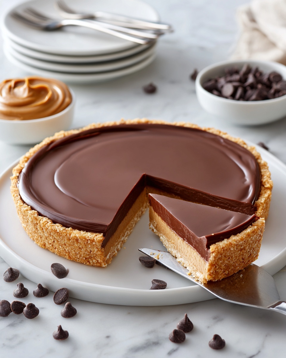 The image shows a round chocolate tart with a smooth, glossy milk chocolate layer on top. A slice is cut out and lifted, revealing a thick, light brown peanut butter layer under the chocolate. The tart is on a white plate placed on a white marbled surface. Around it, there are scattered chocolate chips, a white bowl filled with creamy peanut butter with a spoon inside, and a white bowl of chocolate chips. To the side, there are stacked white plates with white forks on top, a knife with a brown handle next to a black and white checkered cloth. Photo taken with an iphone --ar 4:5 --v 7