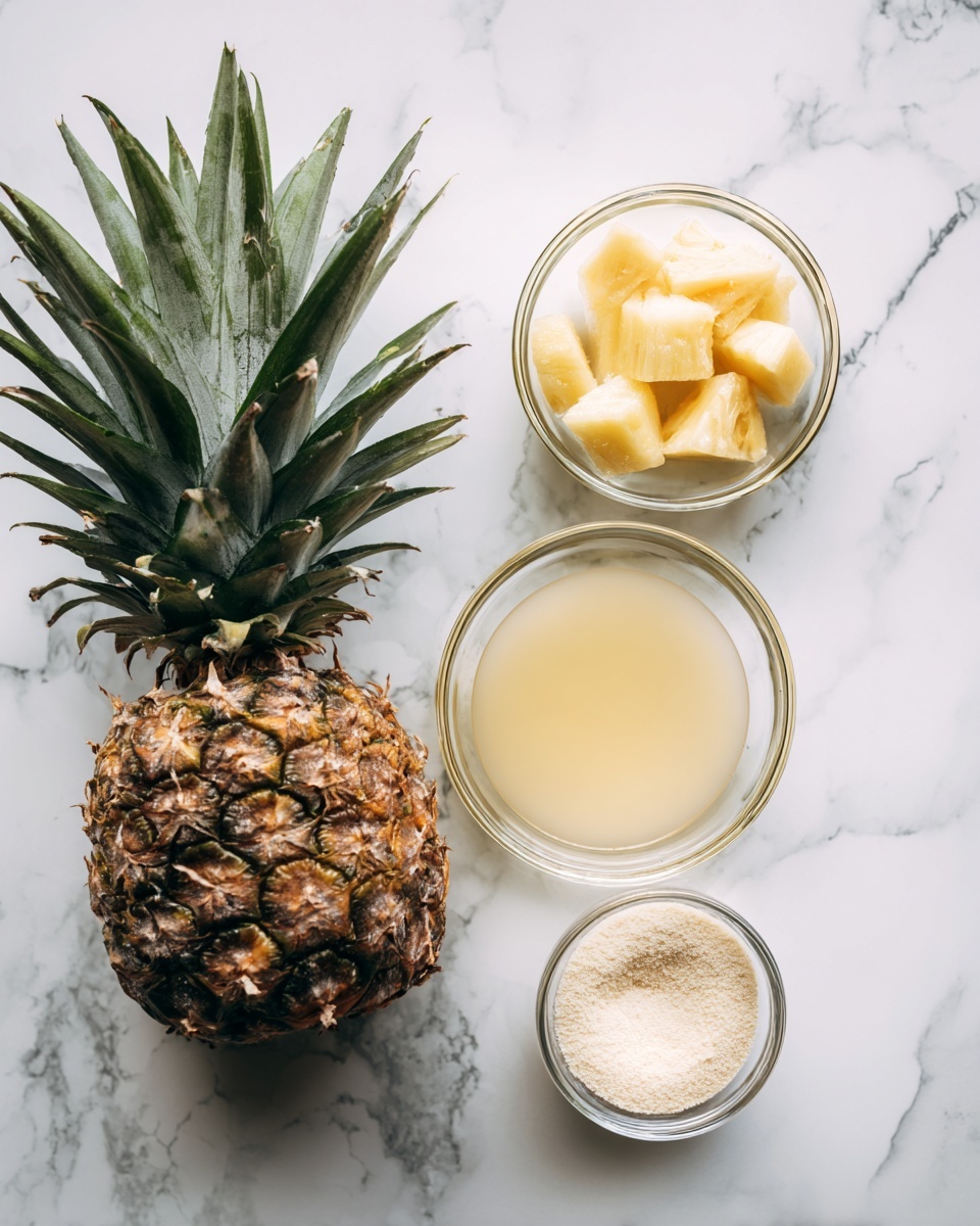 The image shows a whole pineapple on the left side with its rough, brown skin and green spiky leaves. Three small clear glass bowls are placed on a white marbled surface to the right of the pineapple. The top bowl contains chunks of light yellow pineapple flesh. The middle bowl holds light yellow juice, and the bottom bowl has a small amount of pale cream-colored powder. photo taken with an iphone --ar 4:5 --v 7