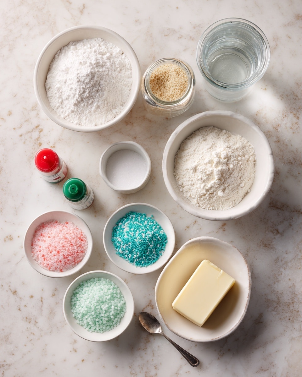 A white marbled textured surface shows several small white bowls and a clear bowl arranged neatly, each holding different ingredients. There are three white bowls filled with white powders, likely flour or sugar, a clear bowl of light brown crumbs positioned near the center, and a small white bowl with a solid stick of light yellow butter. Also present are three white bowls with colorful granules in shades of light blue, white, and pink arranged in a triangle shape. Two small bottles of food coloring, one with a red cap and one with a green cap, are placed near the colorful granules. A glass jar with a metal spoon inside contains granulated white sugar. A clear glass filled with water completes the arrangement, all set on a clean white marbled textured surface. photo taken with an iphone --ar 4:5 --v 7