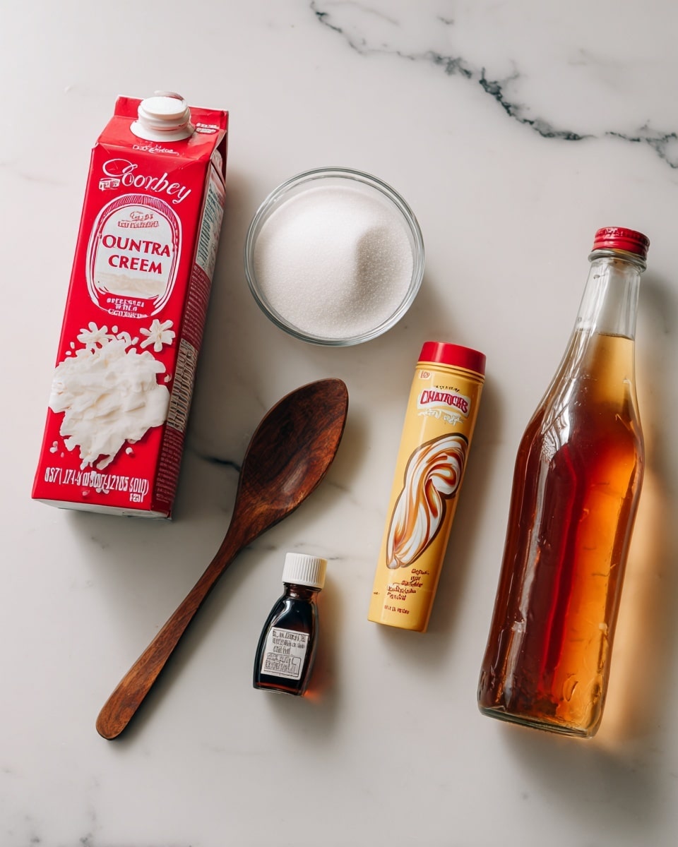 The image shows five items neatly placed on a white marbled surface. From left to right: a red and white carton of Country Crock plant cream with a mostly white top and red bottom, a wooden spoon with a dark brown handle and light brown scoop resting in front, a clear glass bowl filled with white sugar, a yellow tube of Smucker's sundae syrup with a swirl of caramel color on the label, a small white bottle of dark vanilla extract with a red cap, and a clear glass bottle of Virgil's cream soda with amber liquid inside and a white label. The objects are arranged in a line with space between each, showing different shapes and textures clearly. photo taken with an iphone --ar 4:5 --v 7