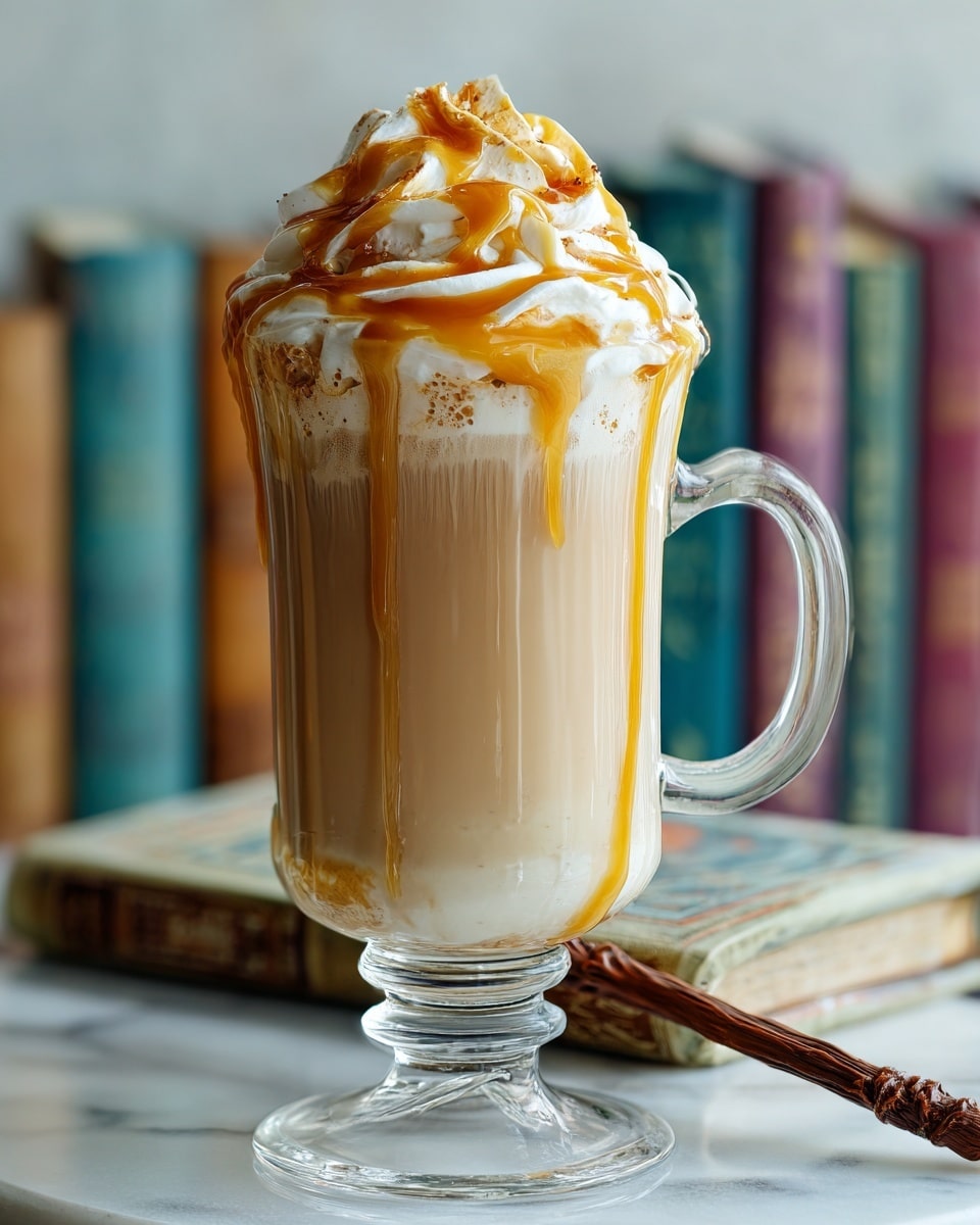A tall clear glass mug filled with a creamy light beige drink, topped with a generous layer of white whipped cream that has a fluffy, swirled texture with caramel-colored syrup dripping down the sides of the glass; the mug handle is visible on the left side, and the background is blurred with colorful books and objects set on a white marbled surface. photo taken with an iphone --ar 4:5 --v 7