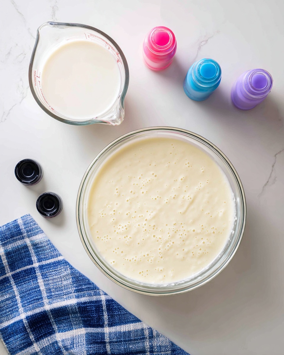 The image shows a clear glass bowl filled with smooth, light cream batter with small bubbles on its surface, placed on a white marbled texture. Next to it is a clear glass measuring cup filled with white milk. Beside the bowl and cup are three small bottles with colored caps in pink, purple, and blue, with their black caps open and lying on the surface. Below and to the right of the items is a folded blue and white checkered cloth. The setting looks clean and bright. photo taken with an iphone --ar 4:5 --v 7