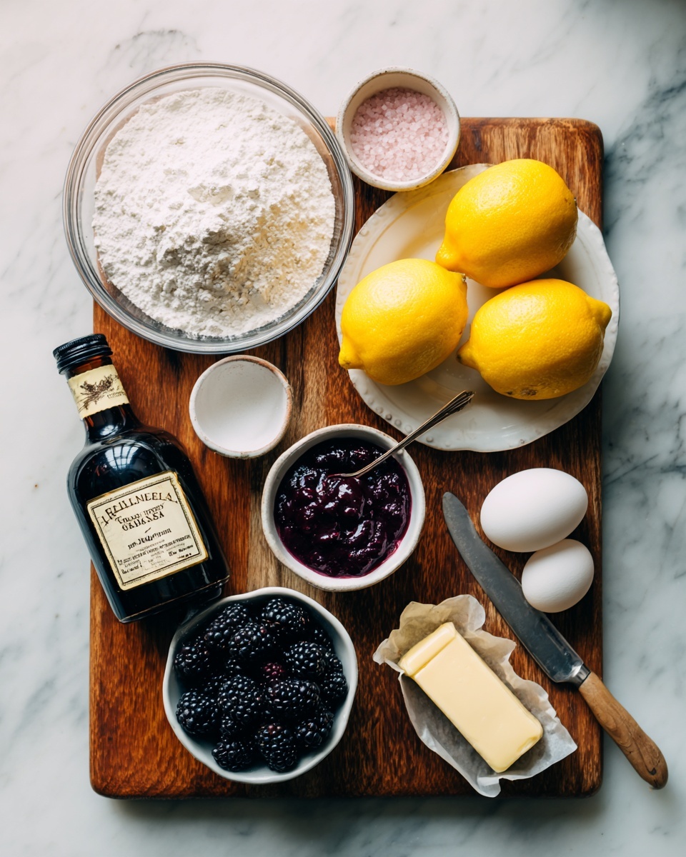 A top view of a wooden board with ingredients arranged neatly on a white marbled surface. In the center bottom, there is a clear glass bowl filled with white flour. To its right, a small white bowl containing dark purple jam with a spoon inside. Above that, a small white bowl with pink salt. To the left of the jam, a single white egg is placed. Above the egg, a white plate holds bright yellow lemons. To the left of the lemons is a bottle of vanilla extract with a dark brown label. To the left of the vanilla is a small white bowl filled with fresh blackberries. Also visible is a yellow and white stick of butter in a white wrapper with a butter knife resting on the board below the vanilla extract bottle. The whole arrangement is softly lit, creating a fresh and clean feel. Photo taken with an iphone --ar 4:5 --v 7