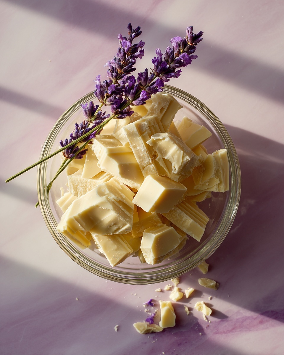 A clear glass bowl filled with unevenly broken pieces of creamy white chocolate, varying in size from small chunks to larger slabs. On top of the chocolate pieces, there are two sprigs of fresh lavender with green stems and small purple flowers, adding a touch of color and natural decoration. The bowl is placed on a white marbled surface with soft purple shadows around it. photo taken with an iphone --ar 4:5 --v 7