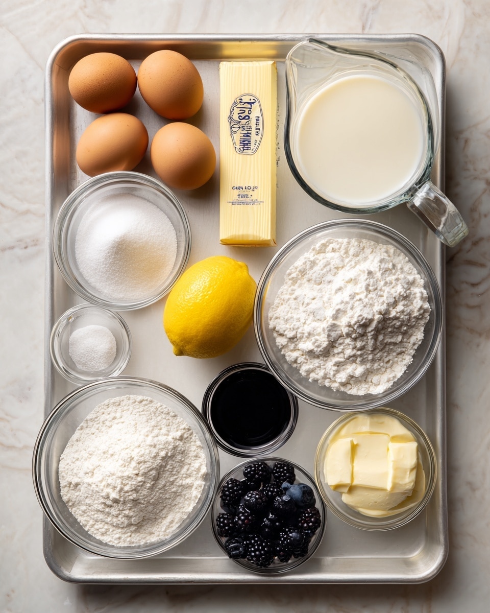 The image shows a baking tray filled with various baking ingredients arranged neatly. There are three brown eggs grouped on the top left, next to a stick of salted sweet cream butter in its wrapper. Below the eggs is a whole yellow lemon. Scattered in clear glass bowls across the tray are white sugar, all-purpose flour, baking powder, baking soda, cornstarch, black frozen berries, and sour cream. There is a small glass bowl filled with dark vanilla extract near the middle. A large glass measuring cup filled with clear vegetable oil sits near the top center, and a glass measuring cup filled with milk is placed on the tray’s top right corner. The tray rests on a surface with a white marbled texture. Photo taken with an iphone --ar 4:5 --v 7