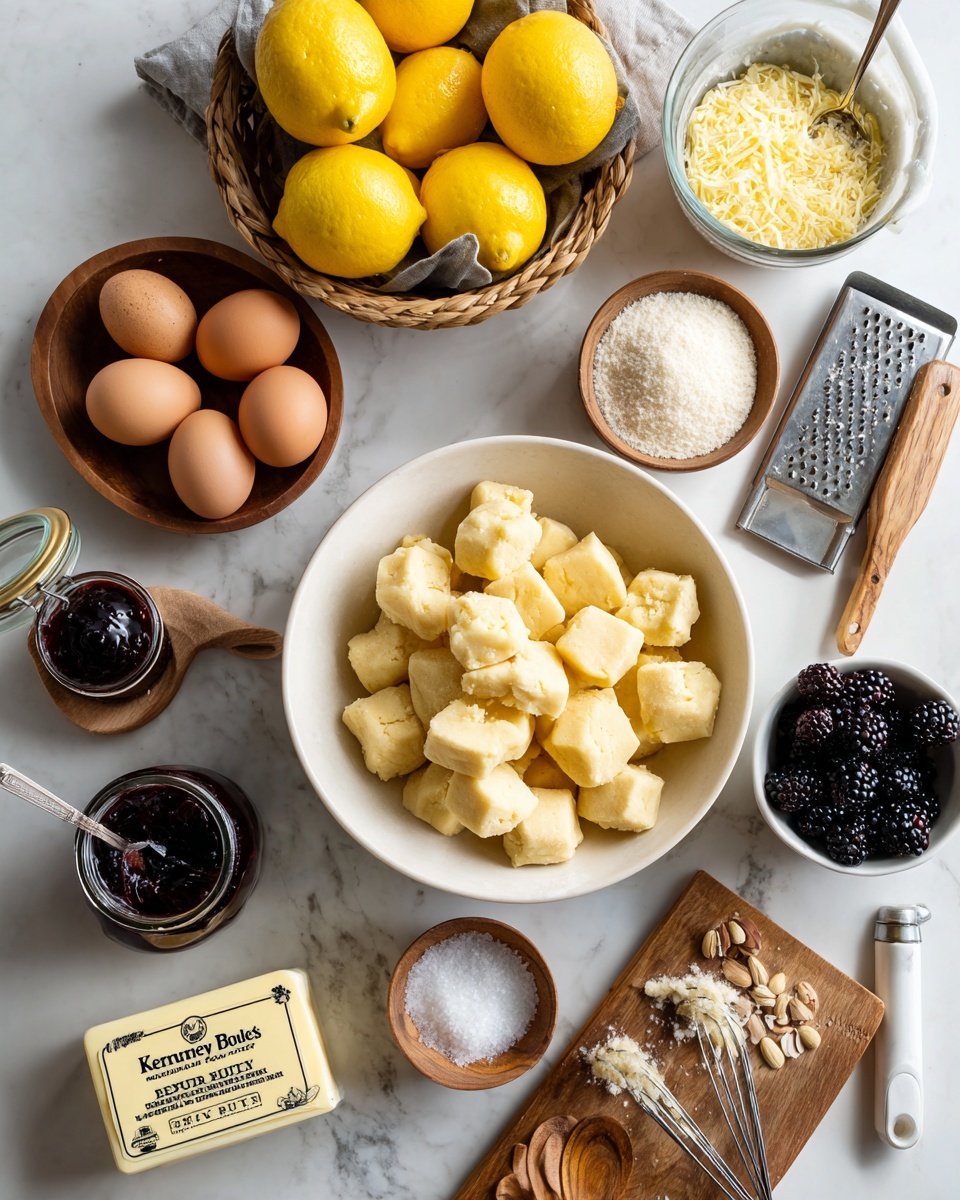 A top view of a baking preparation scene on a white marbled surface, featuring a large white bowl filled with yellowish dough chunks positioned to the bottom right; to the left of the bowl, a small clear jar of dark jam with its lid open, and a wooden spoon nearby. Above the jam, a small wooden bowl holds three brown eggs. Next to the eggs is a measuring spoon with a lemon half, and above it, a basket filled with bright yellow lemons. To the right of the lemon basket, a cup filled with fresh blackberries sits alongside a grater with lemon zest on a white marbled surface, extending toward the top right where a white mixing bowl with a whisk rests. At the bottom center, a small wooden bowl contains salt with a spoon nearby. A block of butter labeled
