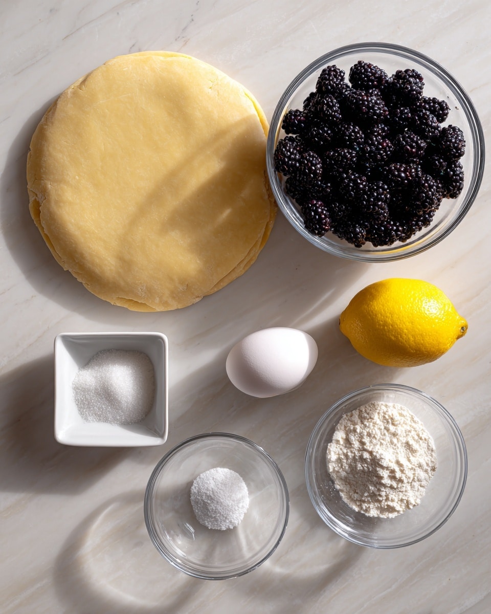 The image shows ingredients for a recipe laid out on a white marbled surface. A large, round sheet of rolled dough is at the top left, pale yellow in color with a smooth texture. Below it, a clear glass bowl holds many dark purple blackberries, shiny and plump. To the right of the dough, there is a whole bright yellow lemon and a white egg sitting in a small square white bowl. Below them are three clear small glass bowls arranged vertically: the top one filled with white granulated sugar, the middle one with white powdery flour, and the bottom one with a small amount of fine white salt. The composition is clean and bright, with natural light highlighting the textures and colors. Photo taken with an iphone --ar 4:5 --v 7